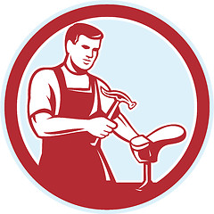 Image showing Shoemaker With Hammer Shoe Circle Retro