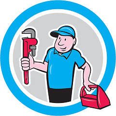 Image showing Plumber With Monkey Wrench Toolbox Cartoon