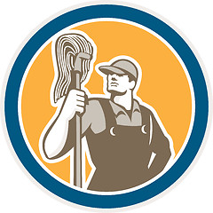 Image showing Janitor Cleaner Holding Mop Circle Retro