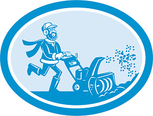 Image showing Man With Snow Blower Oval Cartoon
