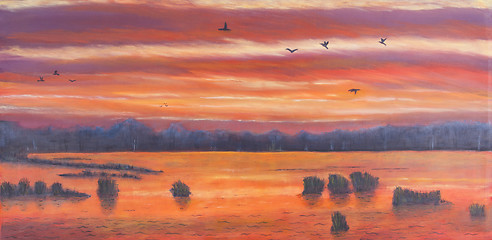 Image showing Painting of a sunset over marshland