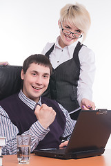 Image showing Businessman with colleague work with laptop
