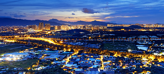 Image showing Urban downtown at sunset moment, Hong Kong