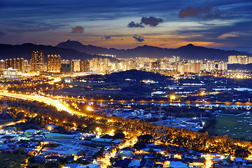 Image showing Urban downtown at sunset moment, Hong Kong