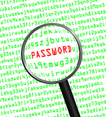 Image showing PASSWORD revealed in computer code through a magnifying glass