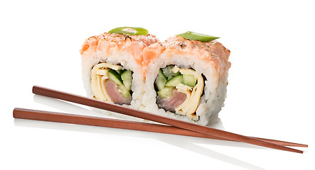 Image showing Two sushi with chopsticks