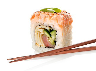 Image showing Sushi with fish and chopsticks