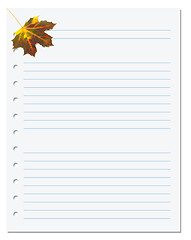 Image showing Notebook paper with autumn maple leaf in corner