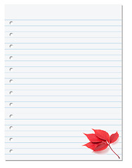 Image showing Notebook paper with red autumn virginia creeper leaf in corner