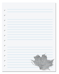 Image showing Notebook paper with dry maple-leaf at background