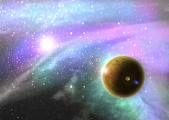 Image showing Fantasy deep space nebula with planet and stars