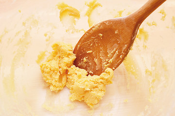 Image showing Leftover raw cookie dough in a glass bowl