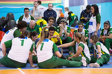 Image showing RUSSIA, MOSCOW - MAY 11: Unidentified sportsmen of Brazil team on timeout on International Sitting volleyball tournament game Ukraine vs Brazil on May 11, 2014, in Moscow, Stadium Izmailovo, Russia