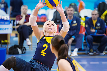 Image showing RUSSIA, MOSCOW - MAY 11: Angela Churkina (2) atack on International Sitting volleyball tournament game Ukraine vs Brazil on May 11, 2014, in Moscow, stadium CSP Izmailovo, Russia