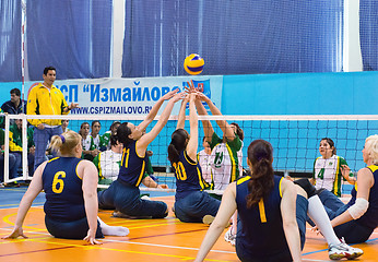 Image showing RUSSIA, MOSCOW - MAY 11: Unidentified players of Ukraine team in action on International Sitting volleyball tournament game Ukraine vs Brazil on May 11, 2014, in Moscow, stadium CSP Izmailovo, Russia