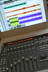 Image showing Professional audio mixer with sliders and sound waves