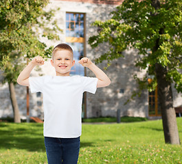 Image showing smiling little boy in white blank t-shirt