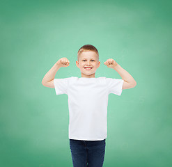 Image showing little boy in white t-shirt with raised hands