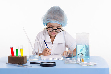 Image showing Pharmacist in lab writing a notebook