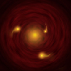 Image showing Yellow photons traveling through a red wormhole-like vortex.