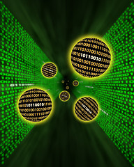 Image showing Binary data orbs or packets flying through a digital vortex