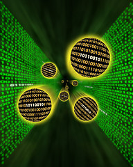 Image showing Binary data orbs or packets flying through a digital vortex