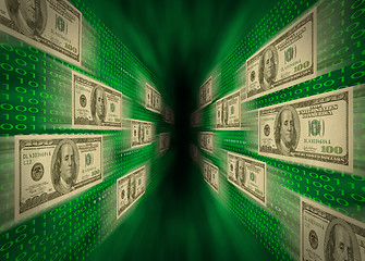 Image showing $100 bills flying through a green vortex, with walls of binary c