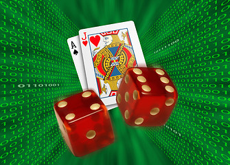 Image showing Playing cards & red dice flying across walls of binary code