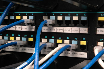 Image showing Data transmission cables in a patch bay