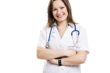 Image showing Beautiful young doctor, isolated over white background