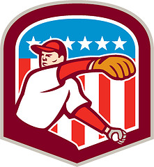 Image showing American Baseball Pitcher Throw Ball Shield Cartoon