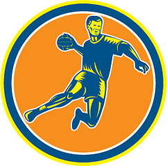 Image showing Handball Player Jumping Throwing Ball Circle Woodcut