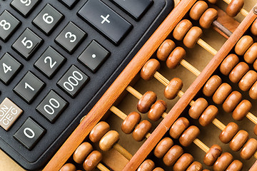 Image showing Modern calculator and abacus 