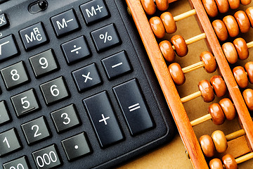 Image showing Modern calculator and abacus