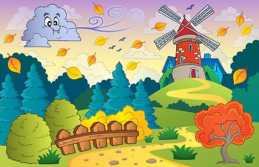 Image showing Autumn landscape windmill and cloud