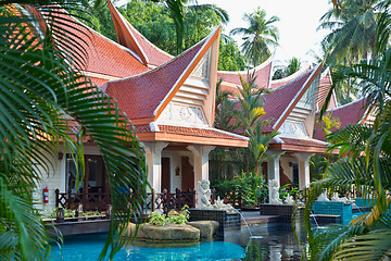 Image showing tropical resort hotel swimming pool.