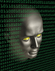Image showing A robot android face penetrating a wall of binary code