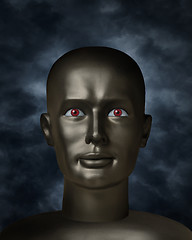 Image showing Dark mannequin face with red eyes in the darkness