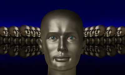 Image showing Silver mannaquin head flanked by two groups of heads