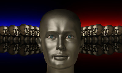 Image showing Silver mannaquin head flanked by two groups of heads