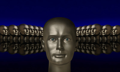 Image showing Silver mannequin head flanked by two groups of heads against blu