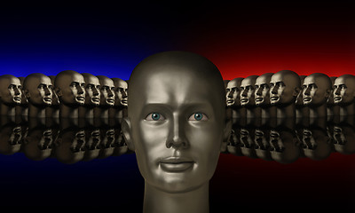 Image showing Silver mannequin head flanked by two groups of heads