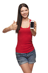 Image showing Happy woman showing cell phone