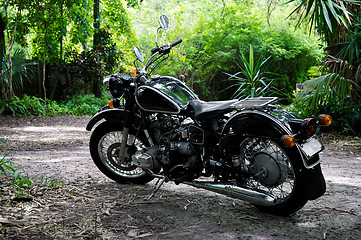 Image showing vintage black motorcycle in subtropical setting