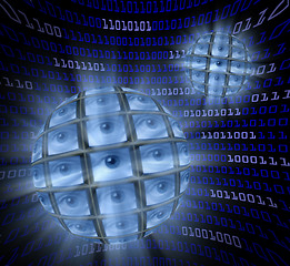 Image showing Spheres of monitors with eyeballs in a curved field of blue digi