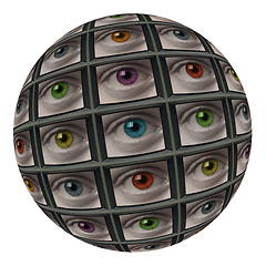 Image showing Sphere of screens with multi-colored eyes