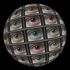 Image showing Sphere of video screens showing multi-colored eyes