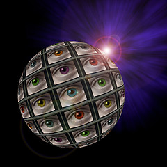Image showing Sphere of video screens showing multi-colored eyes