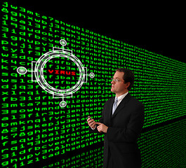 Image showing Man detecting computer virus in a firewall of machine code