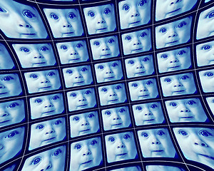 Image showing Distorted blue video screens showing the face of a baby